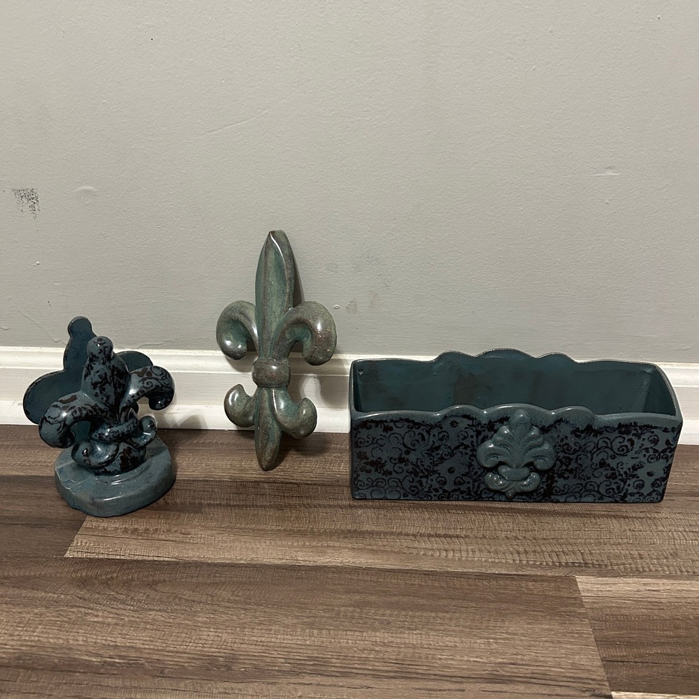 Unbranded Fleur De Lis Decor Set 3pc Blue Teal French Country Rustic Shabby Chic